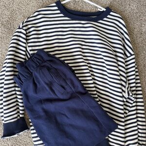 Aerie Striped Navy and White Crewneck Sweater with Navy Joggers